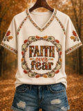 Autumn Art Faith Over Fear V-Neck T-Shirt Faith Based Apparel Christian Gifts For Ladies - Merchluma