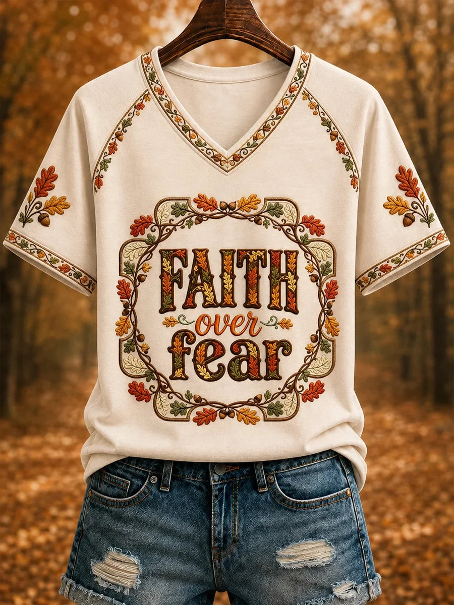 Autumn Art Faith Over Fear V-Neck T-Shirt Faith Based Apparel Christian Gifts For Ladies - Merchluma