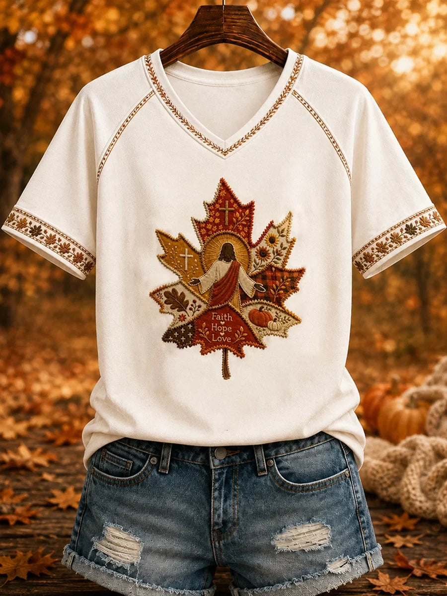 Autumn Art Jesus V-Neck T-Shirt Faith Hope Love Faith Clothes Online Gifts For Christian Women - Merchluma