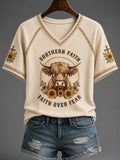 Cow Southern Faith Over Fear V-Neck Shirt Active Faith Gear Gifts For Religious - Merchluma