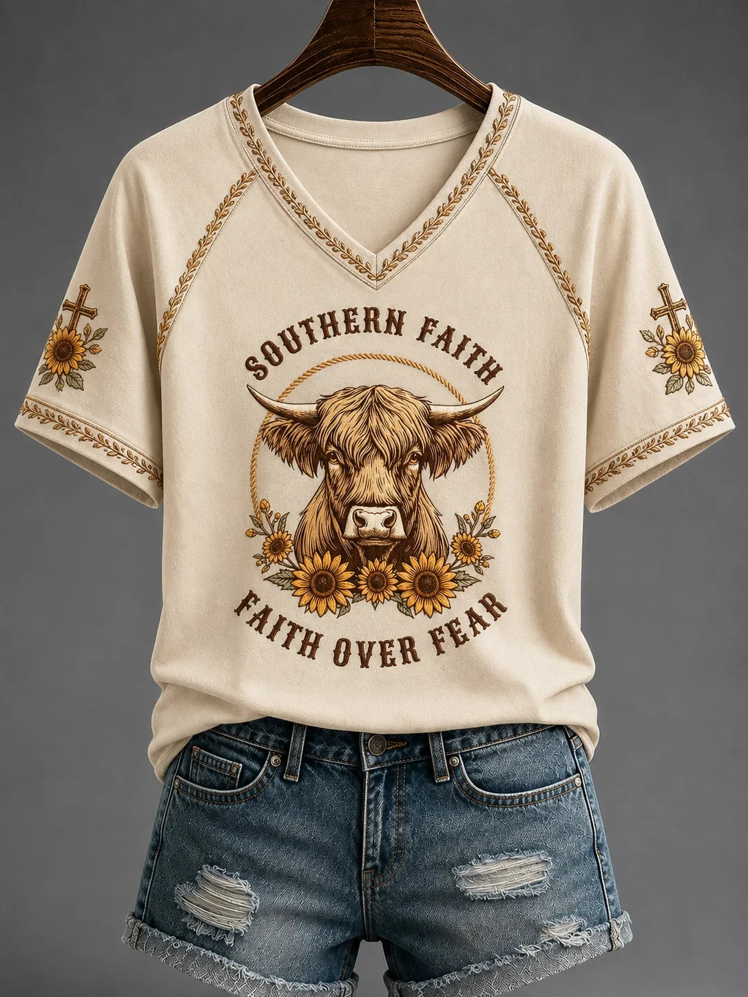Cow Southern Faith Over Fear V-Neck Shirt Active Faith Gear Gifts For Religious - Merchluma