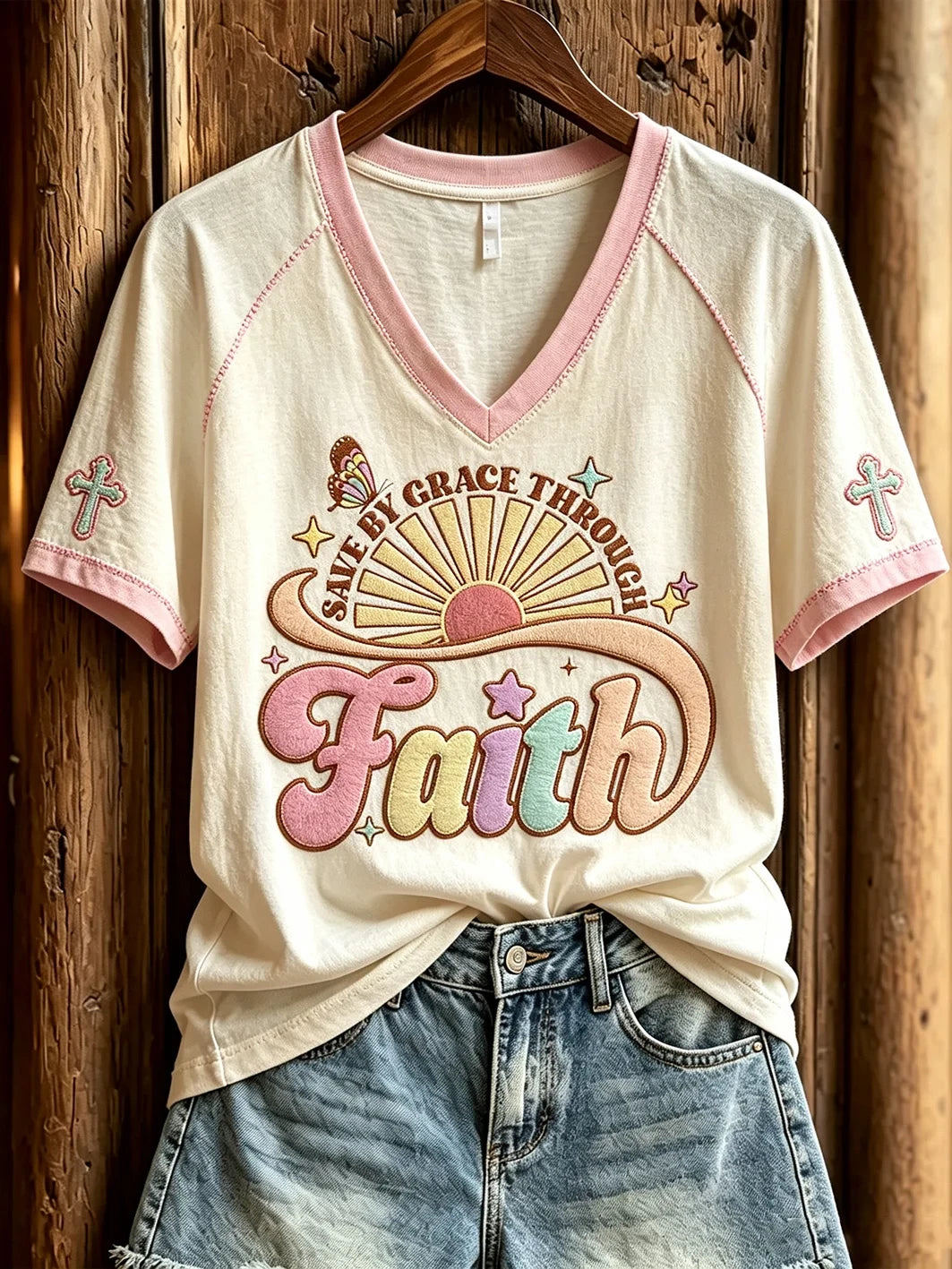 Faith Save By Grace Through V-Neck Shirt Cute Christian Based Apparel Gifts For Sisters - Merchluma