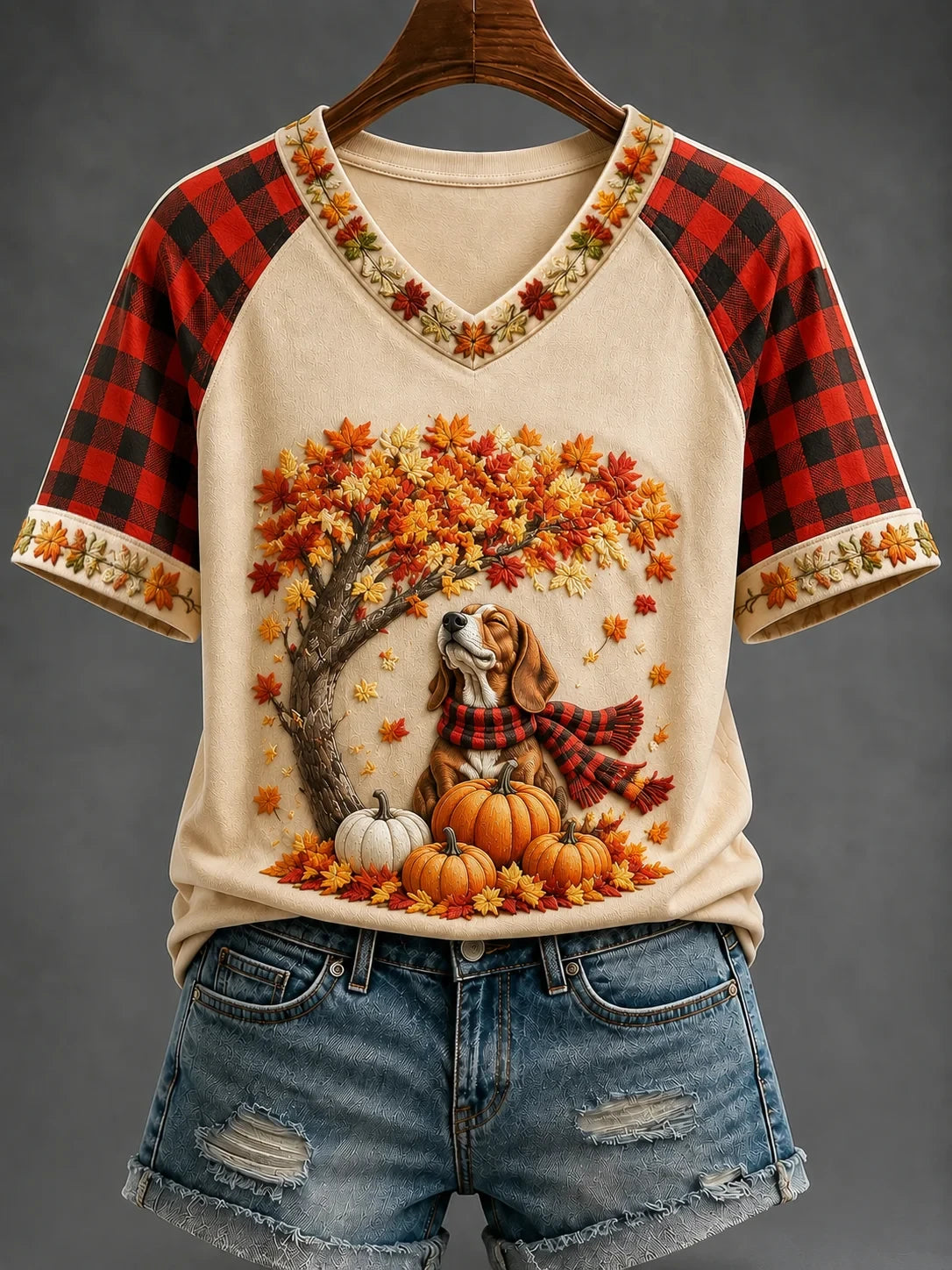 Fall Dog Pumpkin V-Neck Shirt Autumn Maple Tree Shirt Cozy Autumn Vibes Clothing For Dog Lovers - Merchluma
