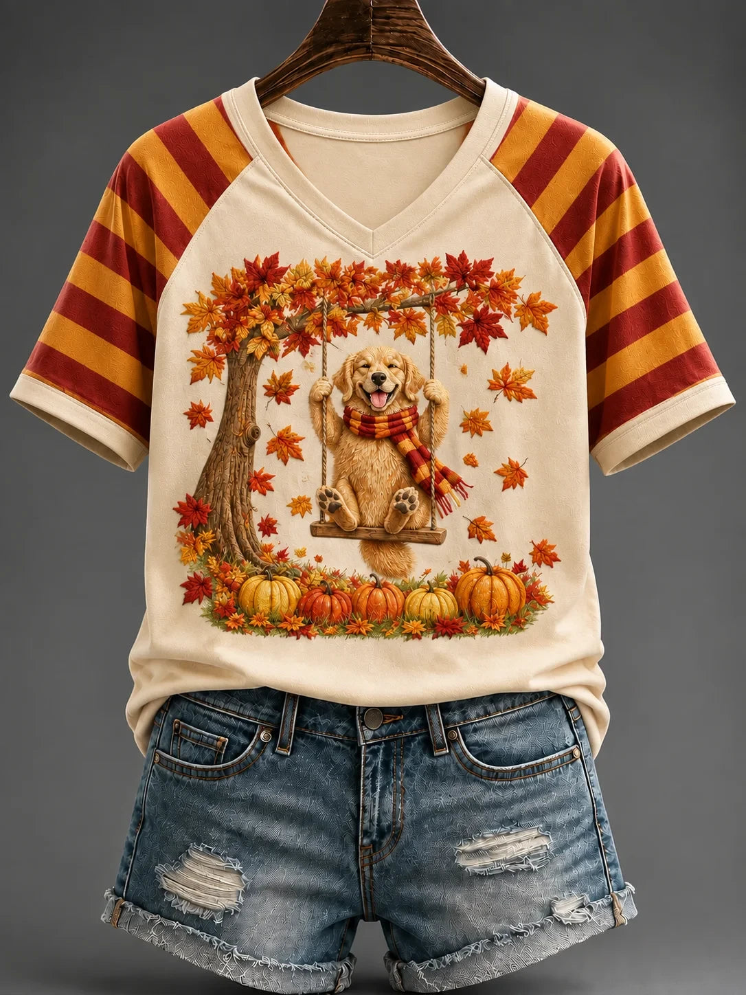 Golden Retriever Fall V-Neck Shirt Autumn Vibes Clothing Gift For Golden Retriever Lover - Merchluma
