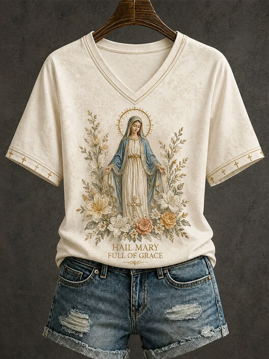Hail Mary Full Of Grace V-Neck Shirt Faith Inspired Clothing Religious Gifts For Her - Merchluma