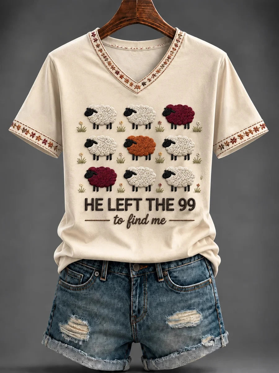He Left The 99 To Find Me V-Neck T-Shirt Faith Based Clothing Stores Good Christian Gifts - Merchluma