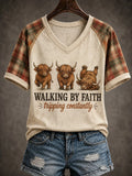 Highland Cow Walking By Faith Tripping Constantly V-Neck Shirt Biblical Gifts For Women - Merchluma