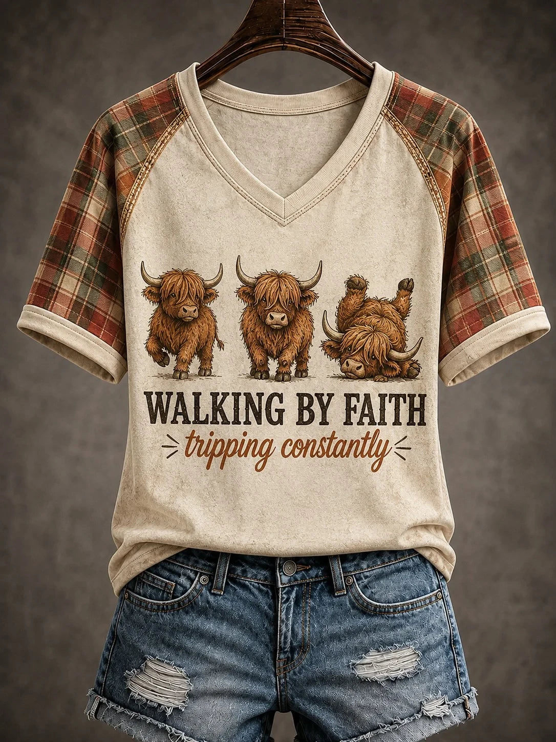 Highland Cow Walking By Faith Tripping Constantly V-Neck Shirt Biblical Gifts For Women - Merchluma