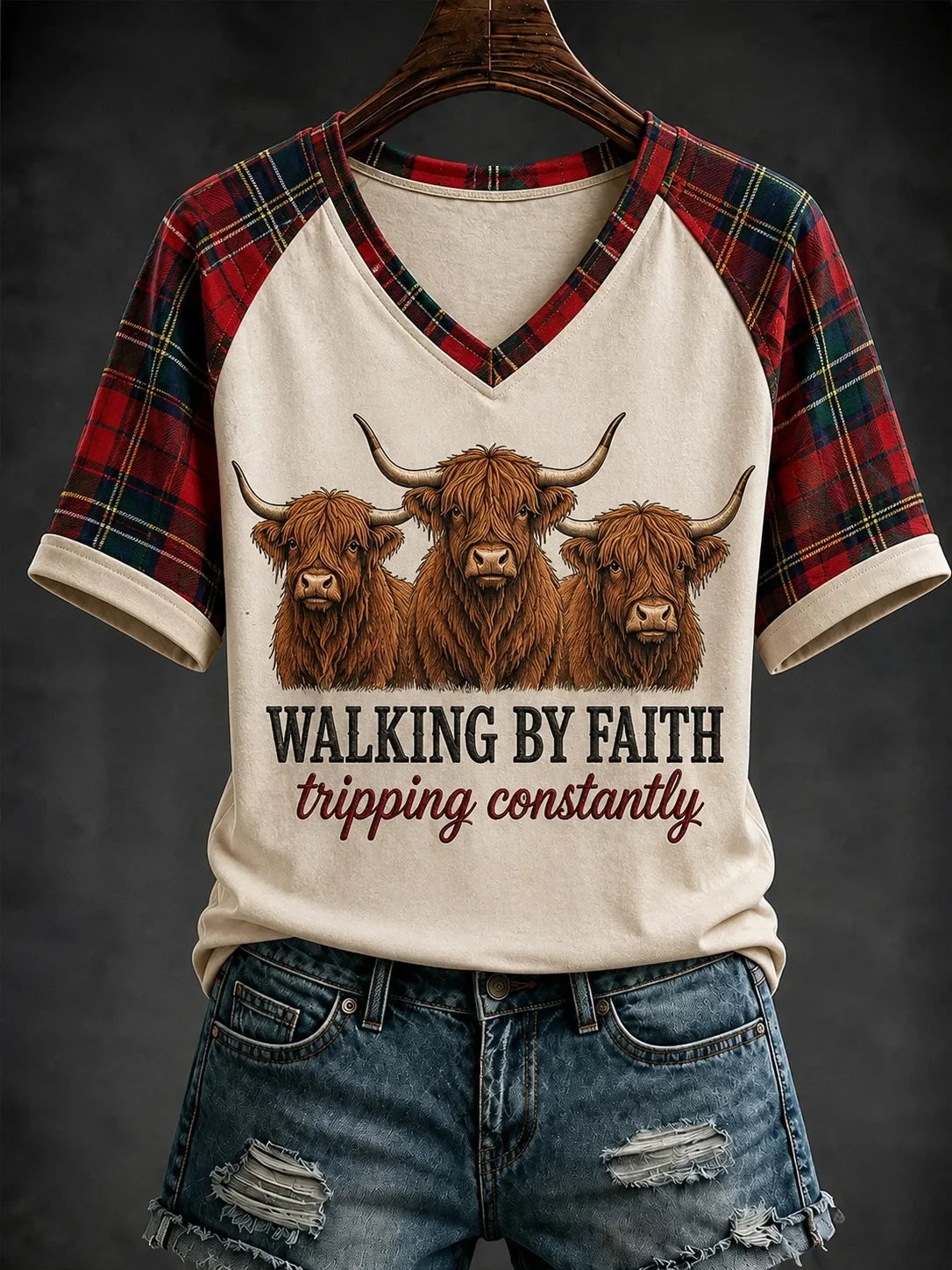 Highland Cow Walking By Faith Tripping Constantly V-Neck Shirt Christian Presents - Merchluma