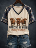 Highland Cow Walking By Faith Tripping Constantly V-Neck Shirt Faith Based Clothing Stores - Merchluma