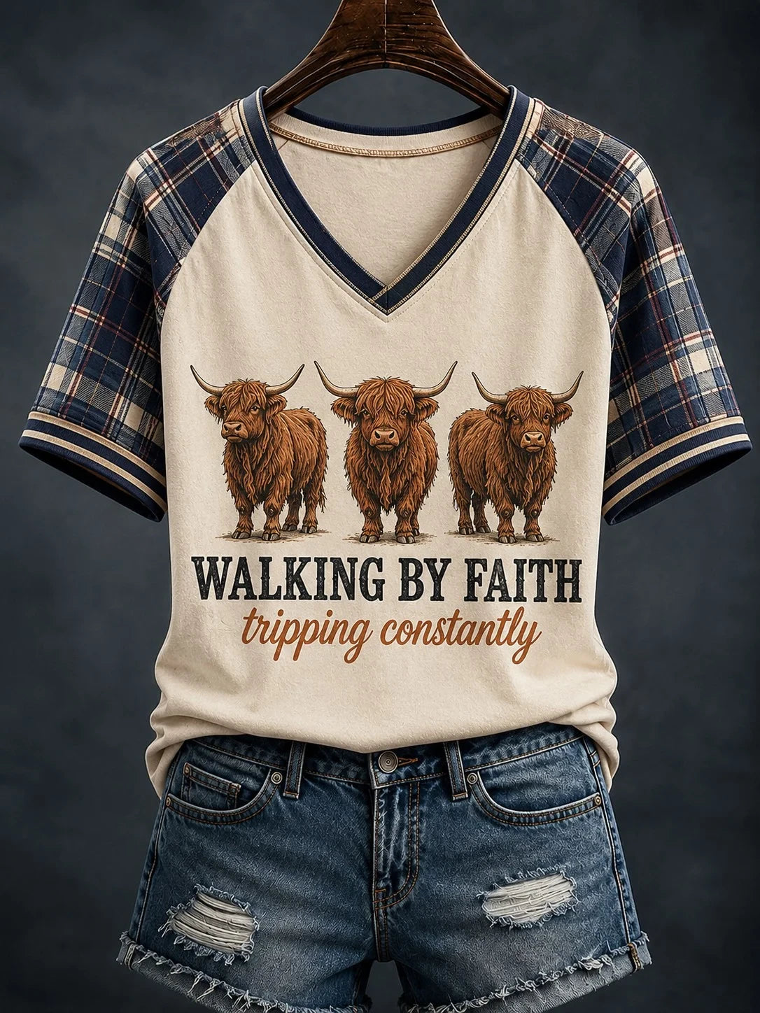 Highland Cow Walking By Faith Tripping Constantly V-Neck Shirt Faith Based Clothing Stores - Merchluma