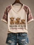Highland Cow Walking By Faith Tripping Constantly V-Neck Shirt Love And Faith Apparel - Merchluma