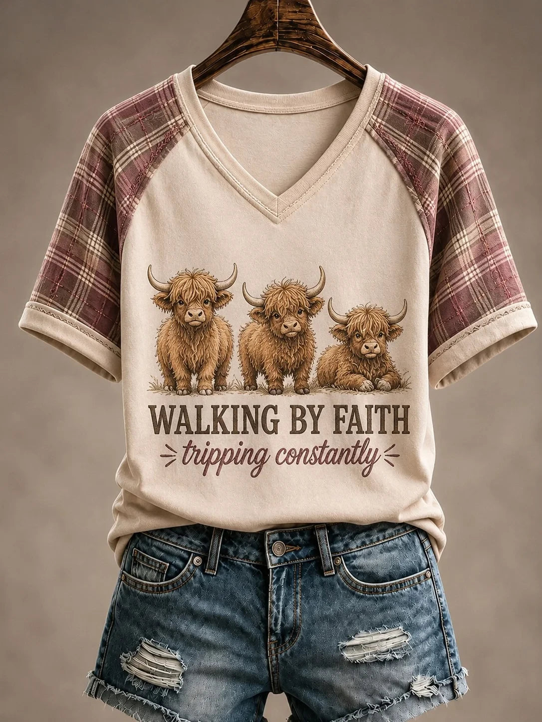 Highland Cow Walking By Faith Tripping Constantly V-Neck Shirt Love And Faith Apparel - Merchluma