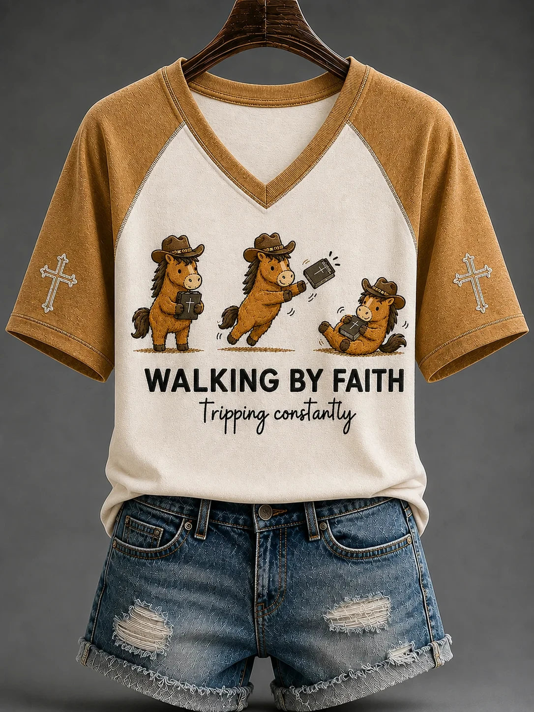 Horse Walking By Faith Tripping Constantly V-Neck Shirt Clothes Of Faith Christian Gifts - Merchluma