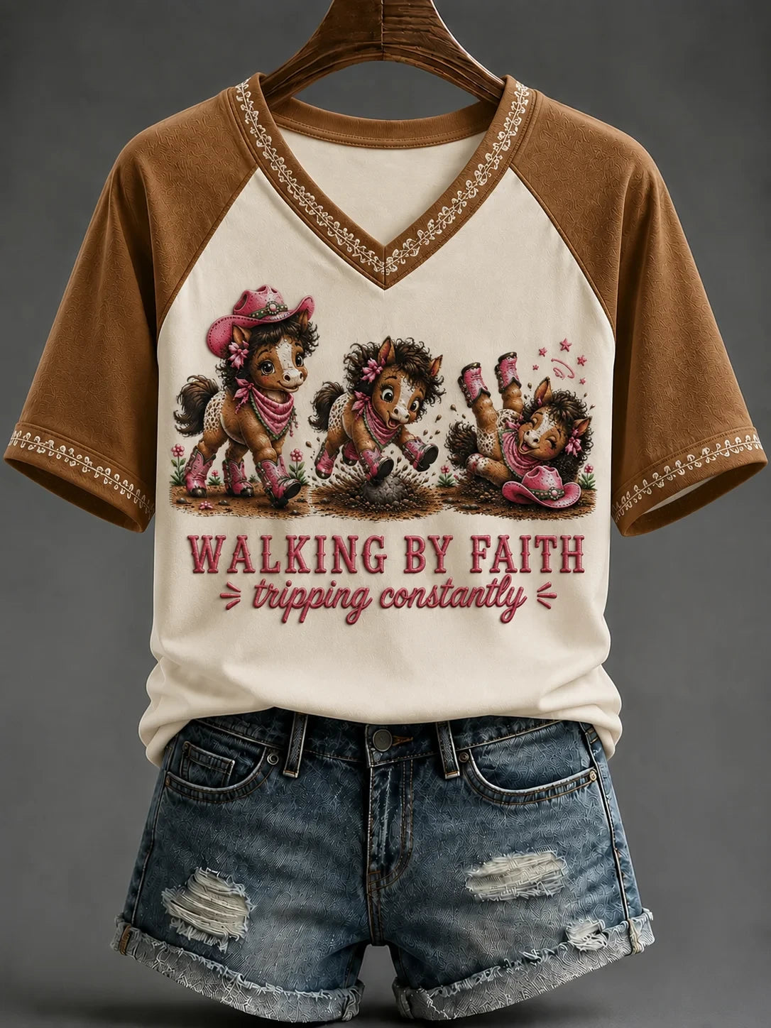 Horse Walking By Faith Tripping Constantly V-Neck Shirt Christian Apparel Gift For Horse Lovers - Merchluma
