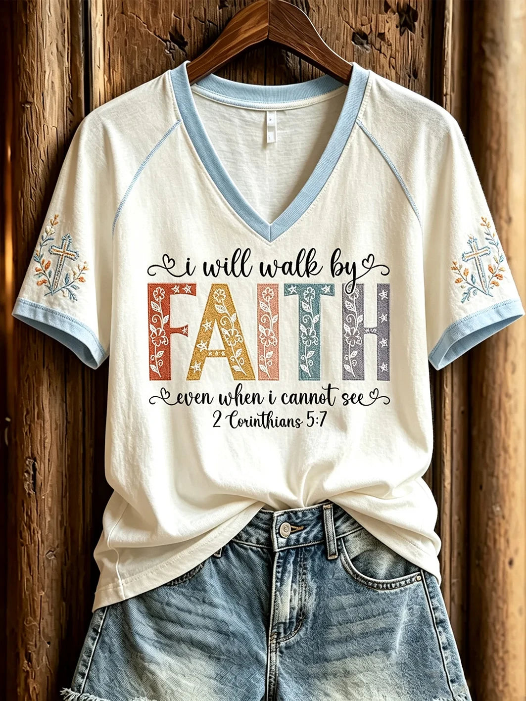 I Will Walk By Faith Even When I Cannot See V-Neck Shirt Bible Verse Clothing Christ Gift - Merchluma
