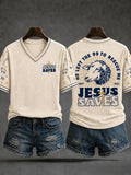 Jesus Saves Christian Lamb V-Neck Shirt He Left The 99 To Rescue Me Bible Apparel Faith Gifts - Merchluma