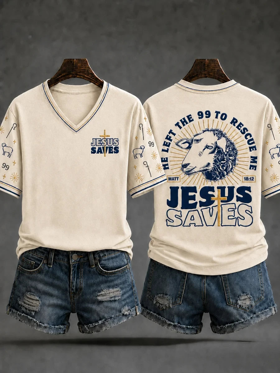 Jesus Saves Christian Lamb V-Neck Shirt He Left The 99 To Rescue Me Bible Apparel Faith Gifts - Merchluma