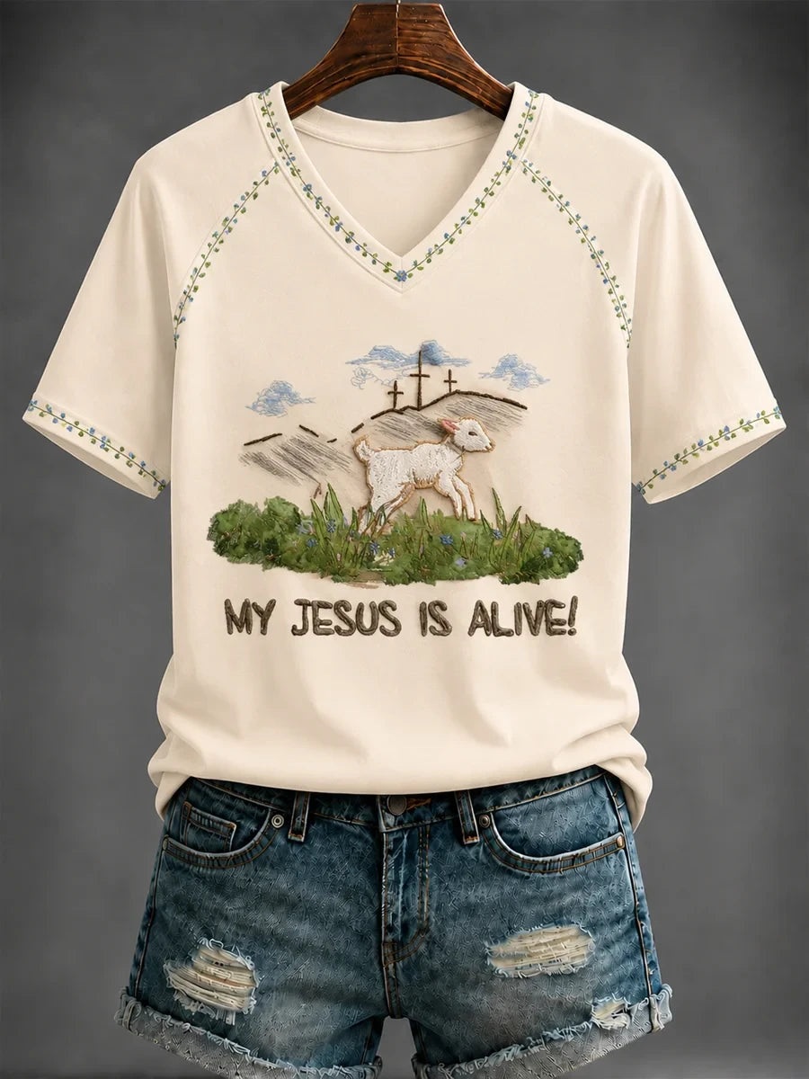 My Jesus Is Alive V-Neck Shirt Easter Christian Faith Clothing Religious Gifts For Her - Merchluma