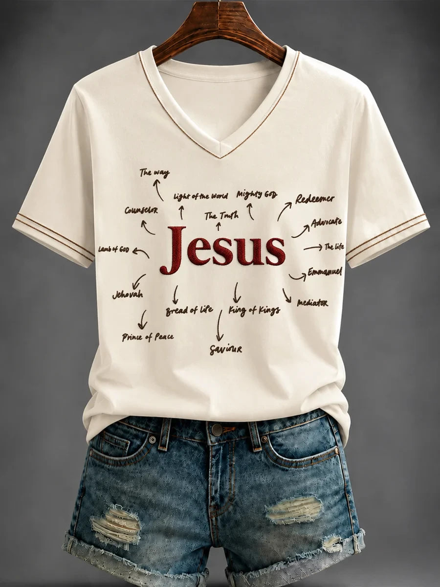 Names Of Jesus Diagram V-Neck Shirt Bible Verse Apparel Christian Presents For Her - Merchluma