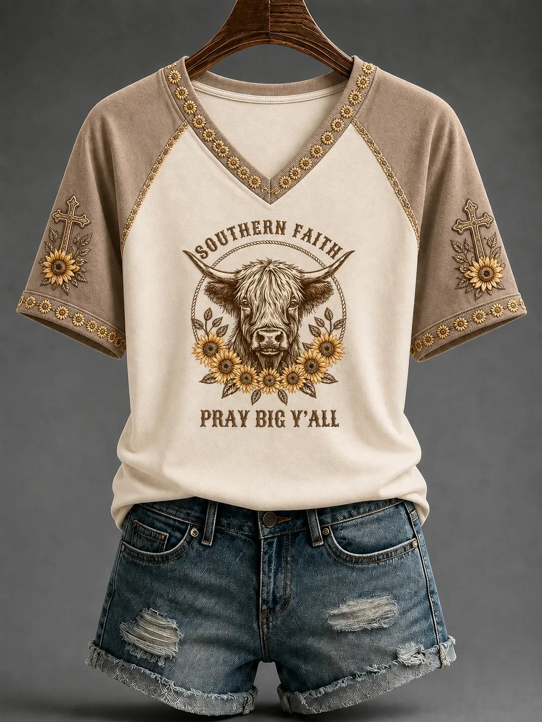 Southern Faith Pray Big Y'All V-Neck Shirt Faith Clothes Online Gifts For Religious Woman - Merchluma