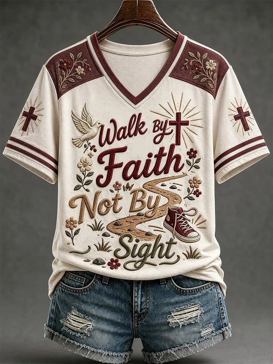 Walk By Faith Not By Sight V-Neck Shirt Active Faith Gear Christian Gift Shop - Merchluma