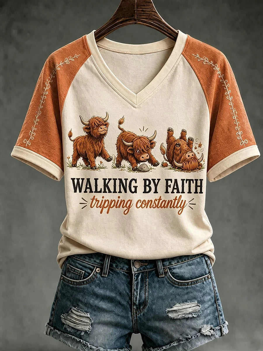 Walking By Faith Tripping Constantly V-Neck Shirt Autumn Faith Based Clothing Lines Christ Gift - Merchluma