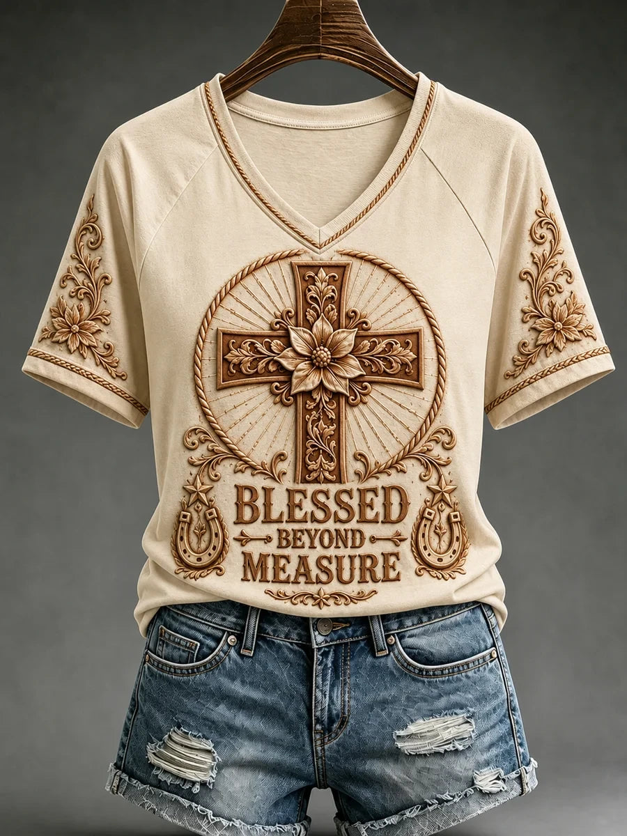 Western Cross Blessed Beyond Measure V-Neck Shirt Faith Wear Clothing Christian Gift Store - Merchluma