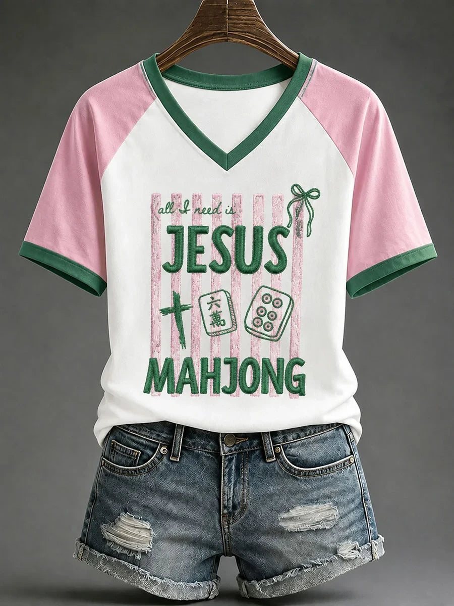 All I Need is Jesus Mahjong V-Neck Shirt Faith Based Clothing Lines Present For Sisters - Merchluma