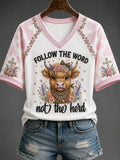 Cow Follow The Word Not The Herd V-Neck Shirt Cute Floral Faith Outfits Biblical Gifts For Hers - Merchluma
