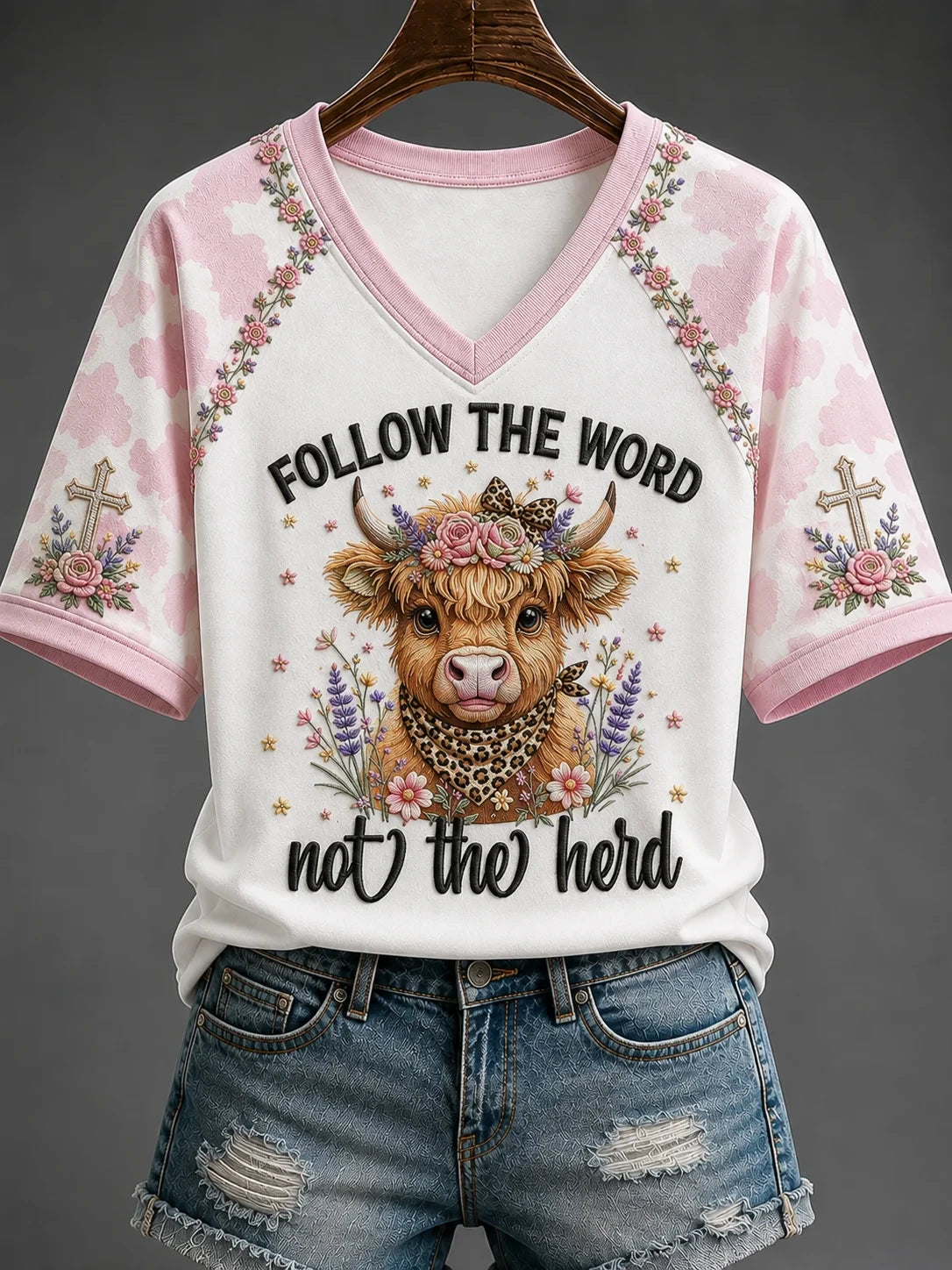 Cow Follow The Word Not The Herd V-Neck Shirt Cute Floral Faith Outfits Biblical Gifts For Hers - Merchluma