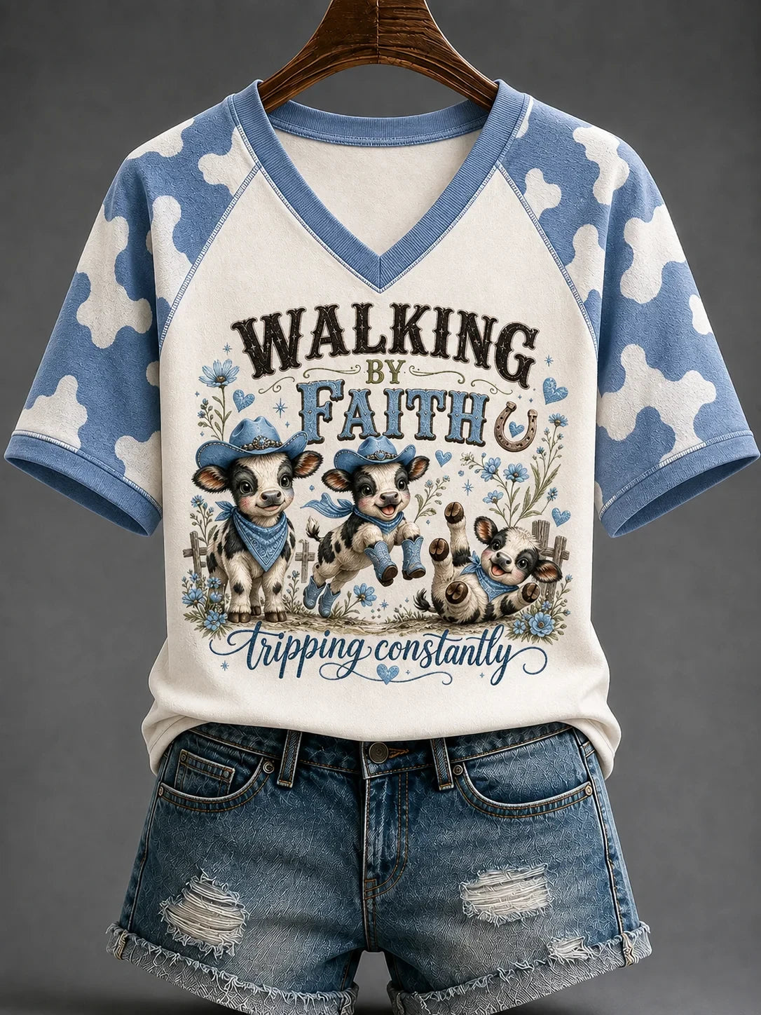 Cow Walking By Faith Tripping Constantly V-Neck Shirt Cute Christian Outfits Gift For Sisters - Merchluma