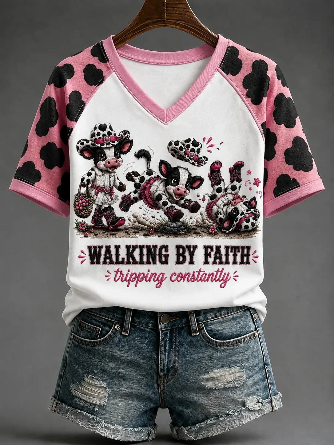 Cow Walking By Faith Tripping Constantly V-Neck Shirt Pink Kawaii Animal Shirt Christian Gifts - Merchluma