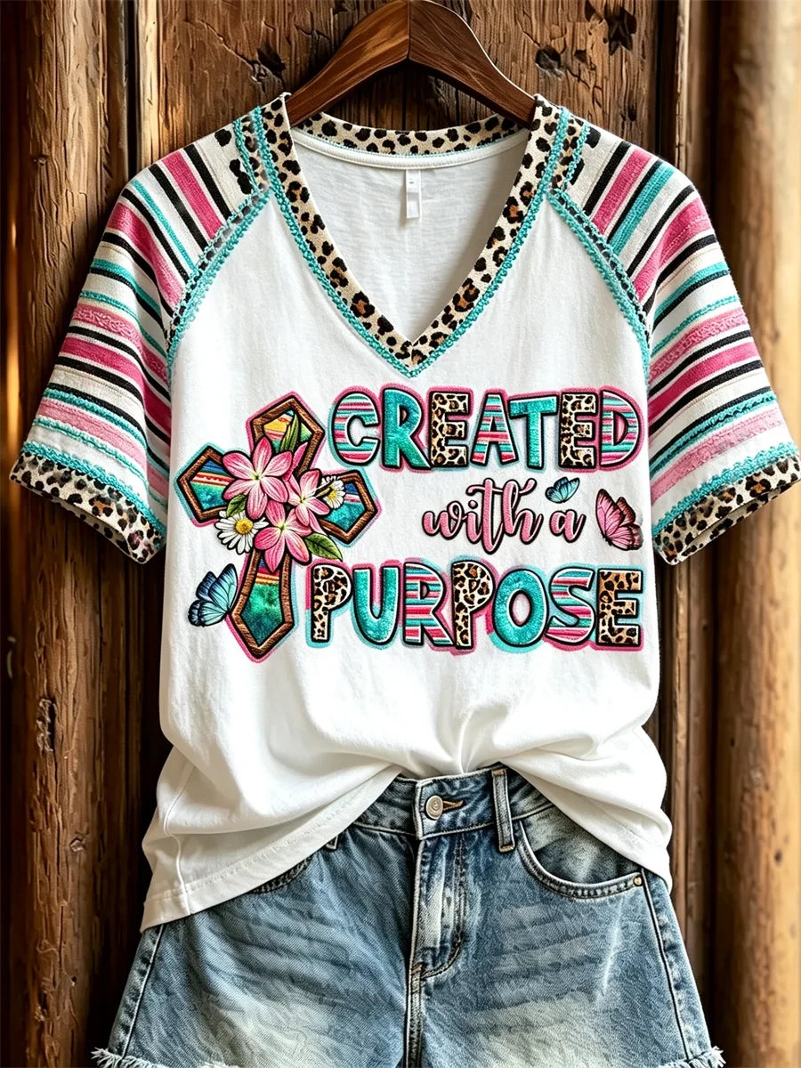 Created With A Purpose Christian Western V-Neck Shirt Religious Gifts For Her - Merchluma