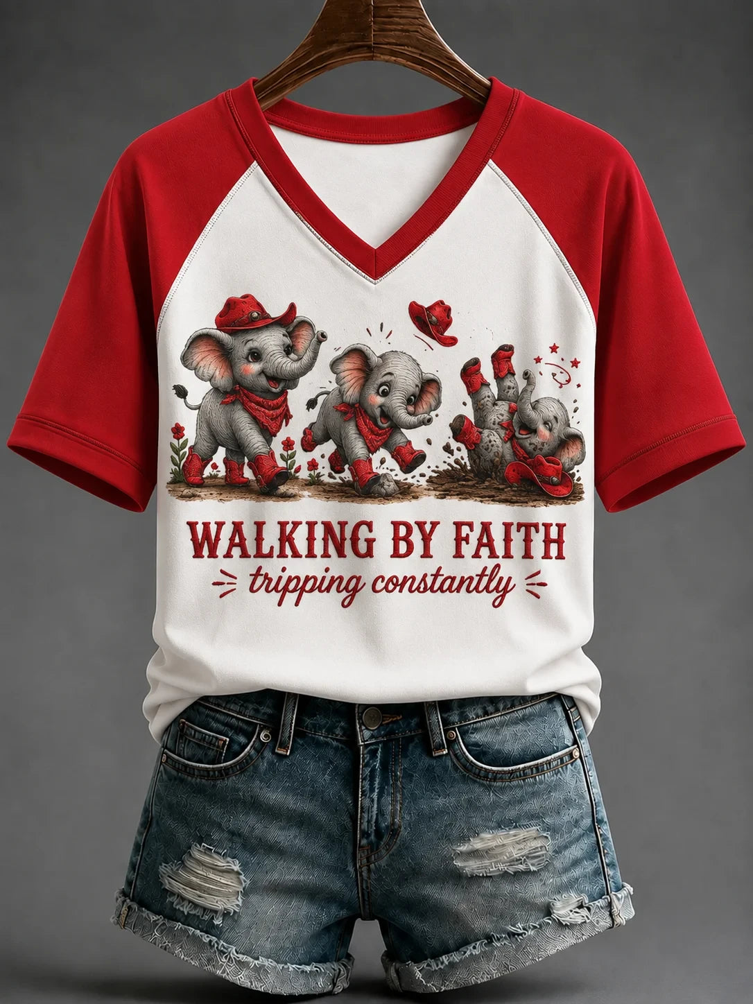 Elephant Walking By Faith Tripping Constantly V-Neck Shirt Cute Animal Shirt Gift For Christian - Merchluma