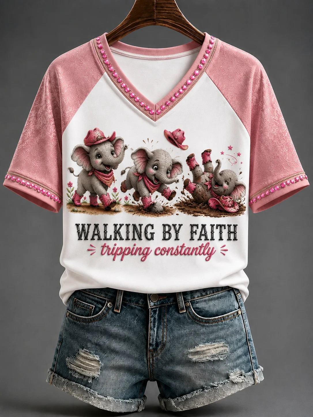Elephant Walking By Faith Tripping Constantly V-Neck Shirt Pink Cute Animal Shirt Christ Gifts - Merchluma