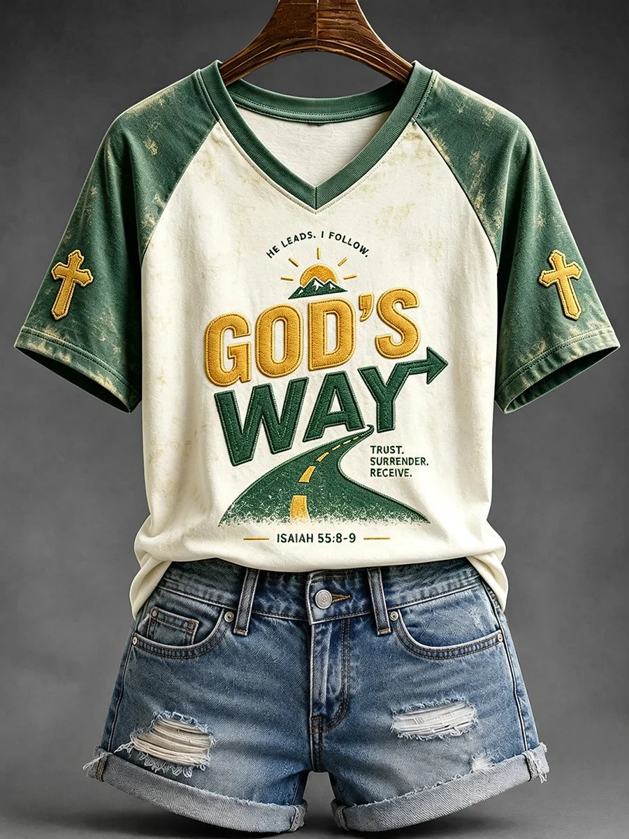 God's Way Faith V-Neck Shirt He Leads I Follow Bible Clothing Best Christian Gifts - Merchluma