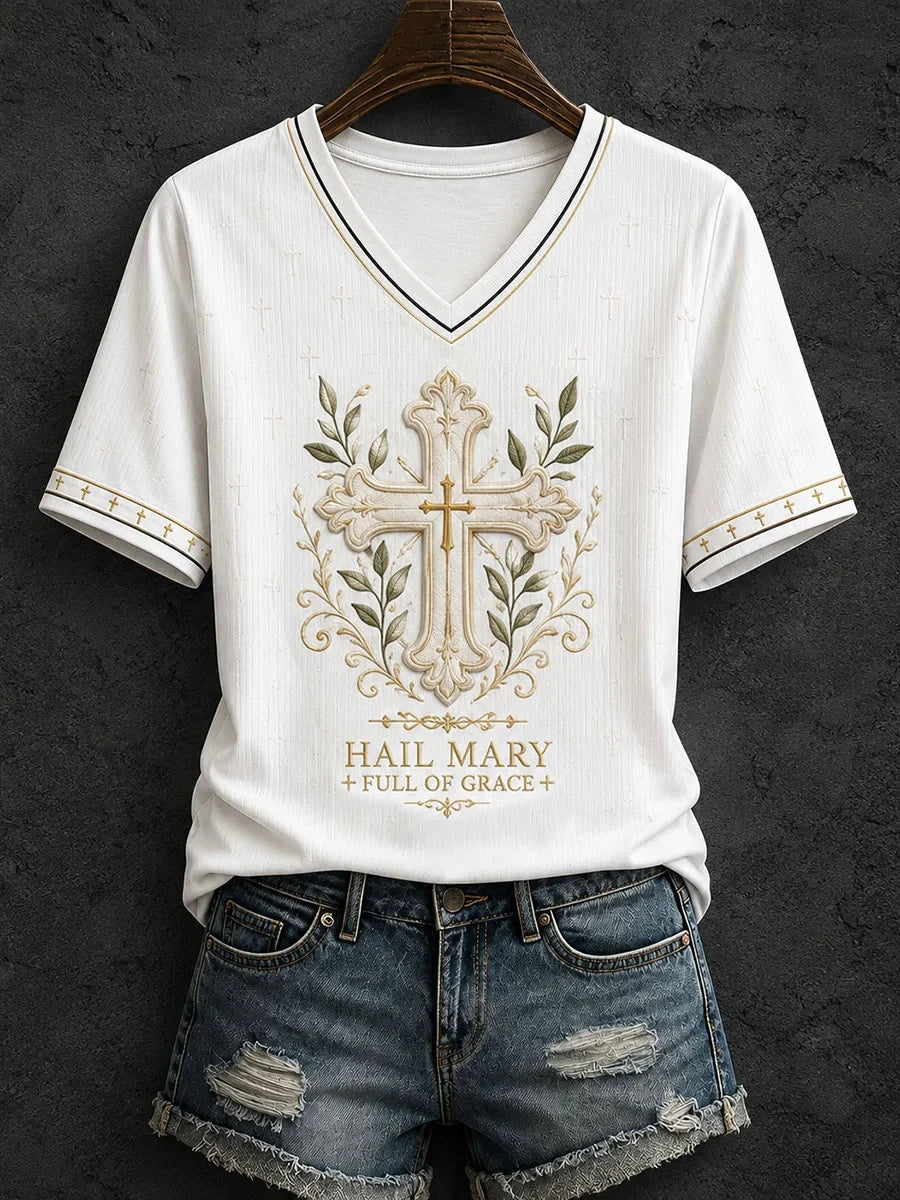 Hail Mary Full Of Grace V-Neck Shirt Christian Faith Clothing Gifts For Religious Woman - Merchluma