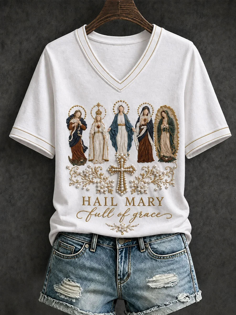 Hail Mary Full Of Grace V-Neck Shirt Elevated Faith Clothing Christian Gifts For Ladies - Merchluma