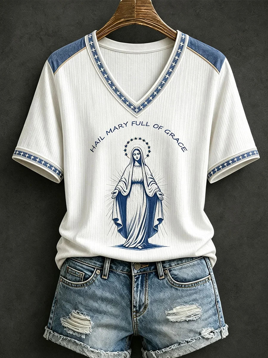 Hail Mary Full Of Grace V-Neck Shirt Faith And Love Clothing Gifts For Religious - Merchluma