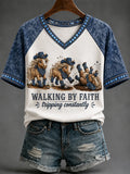 Horse Walking By Faith Tripping Constantly V-Neck Shirt Christian Apparel Religious Gifts Ideas - Merchluma