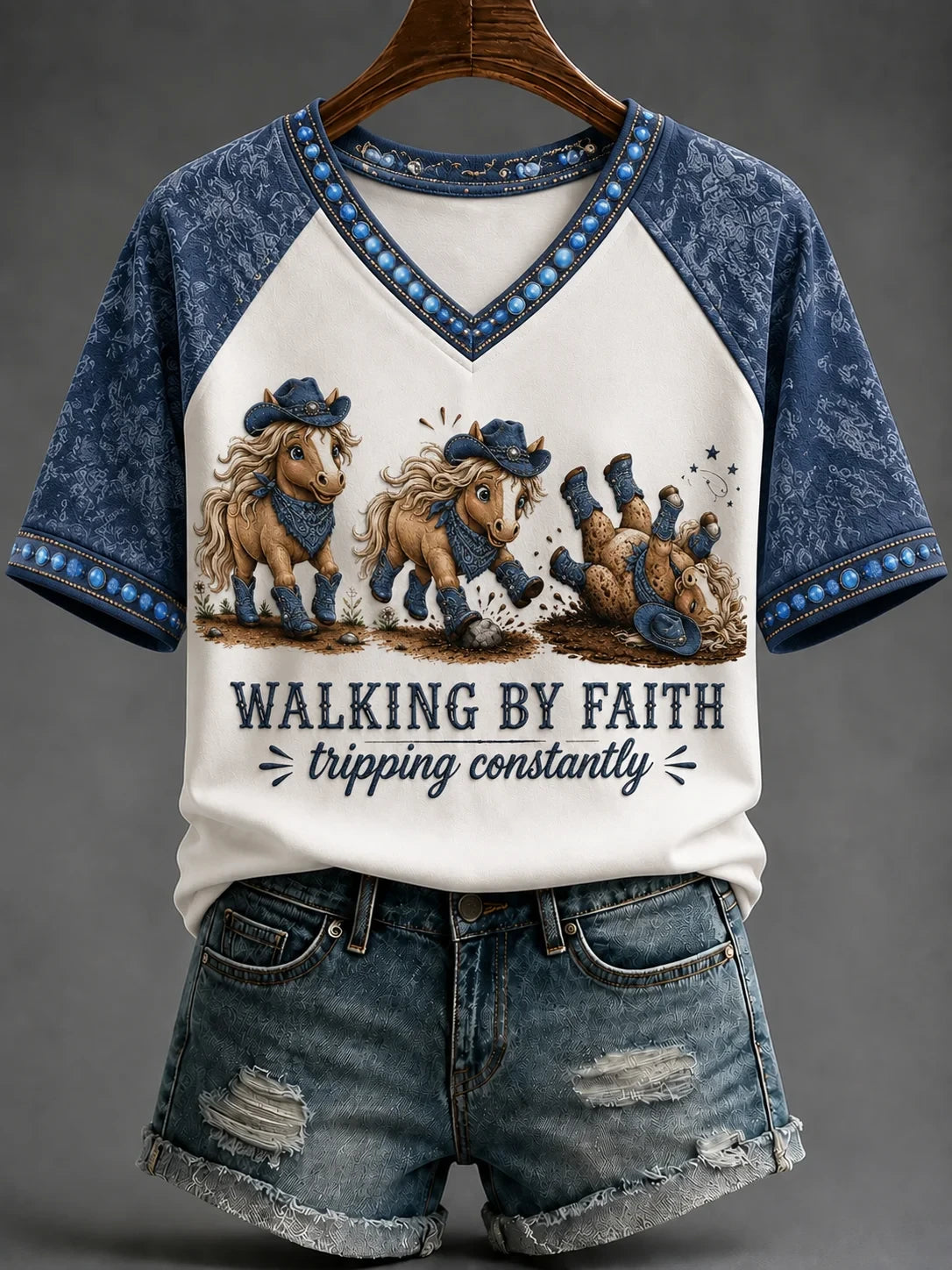 Horse Walking By Faith Tripping Constantly V-Neck Shirt Christian Apparel Religious Gifts Ideas - Merchluma