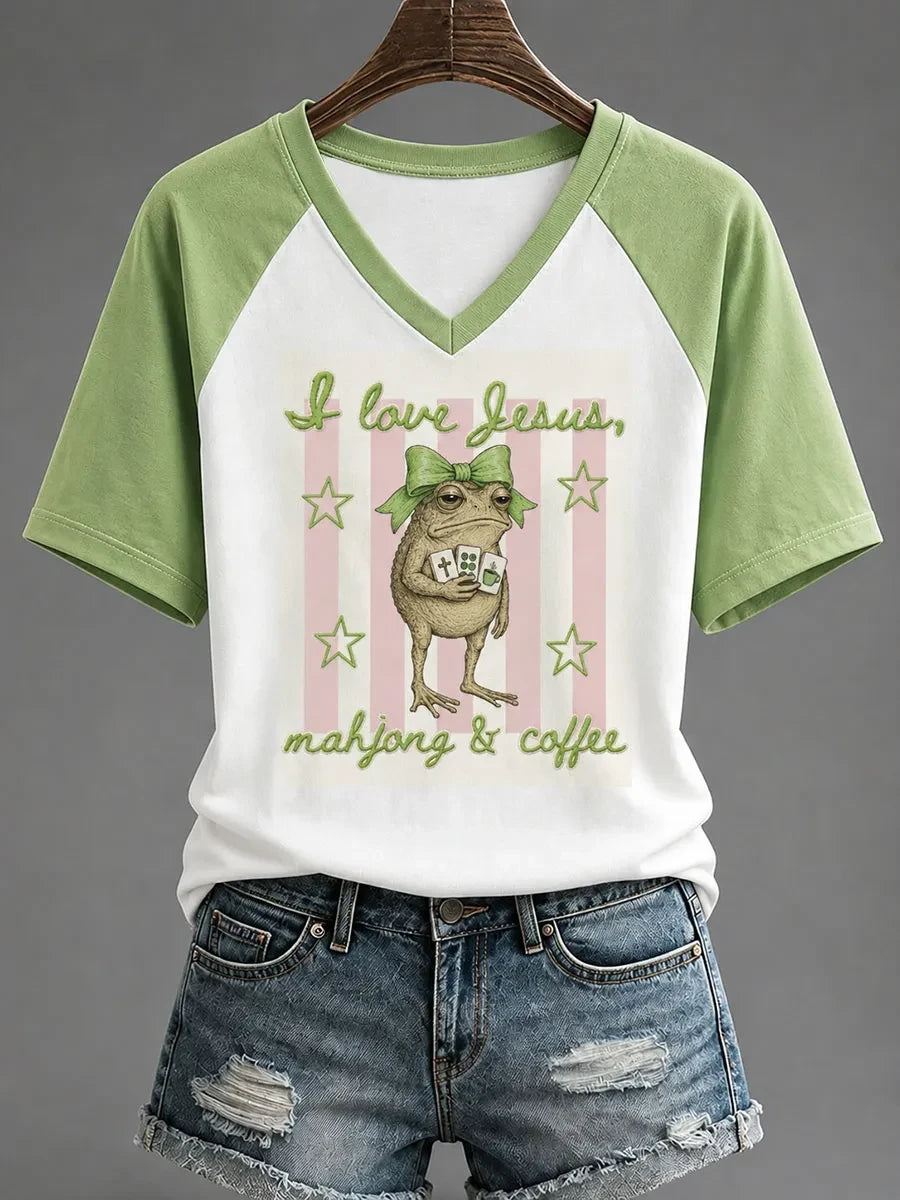 I Love Jesus Mahjong And Coffee V-Neck Shirt Faith Based Clothing Gifts For Wife - Merchluma