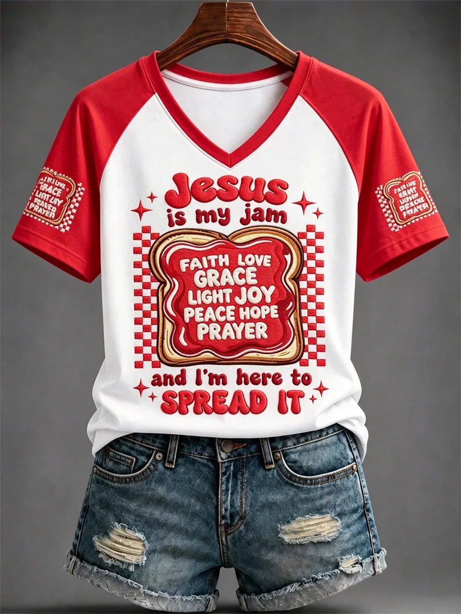 Jesus Is My Jam And I'm Here To Spread It V-Neck Shirt Elevated Faith Clothing Gift For Her - Merchluma