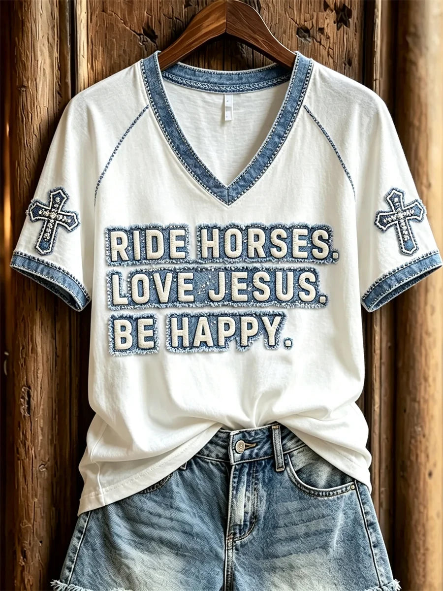 Ride Horses Love Jesus Be Happy Cross V-Neck Shirt Christian Gifts For Mom - Merchluma