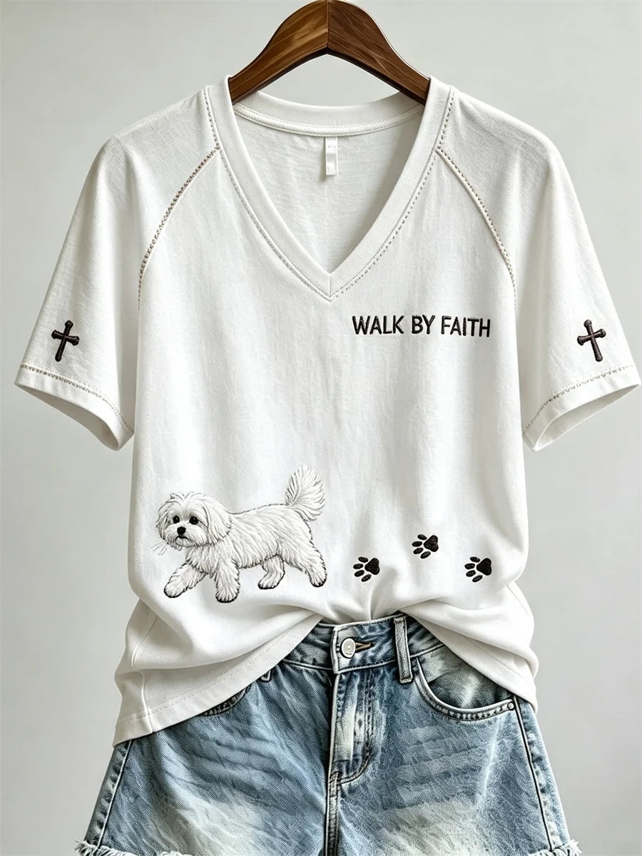 Walk By Faith Maltese Dog And Paw V-Neck Shirt Faith Based Apparel Gift For Dog Lovers - Merchluma
