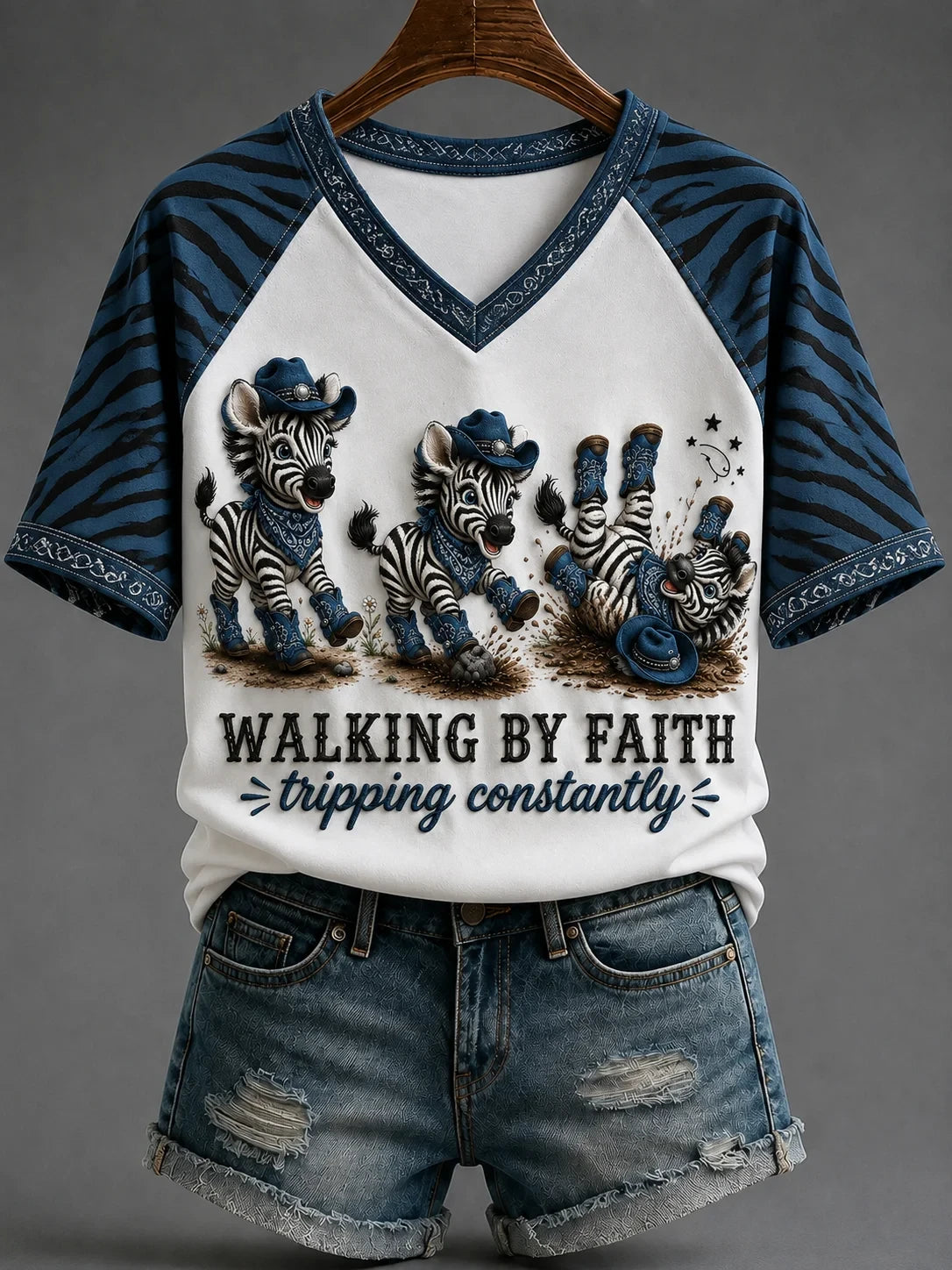 Zebra Walking By Faith Tripping Constantly V-Neck Shirt Christian Faith Apparel Religious Gifts - Merchluma