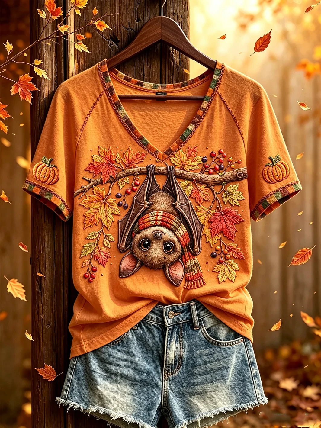 Bat Autumn Vibes V-Neck Shirt Cute Fall Clothing Gifts For Bat Lover Present For Wife - Merchluma