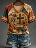 Fall Jesus Cross Art Faith Over Fear V-Neck T-Shirt Rooted In Christ Faith Inspired Clothing - Merchluma