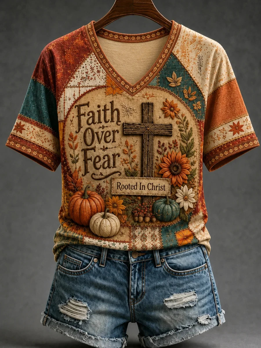 Fall Jesus Cross Art Faith Over Fear V-Neck T-Shirt Rooted In Christ Faith Inspired Clothing - Merchluma